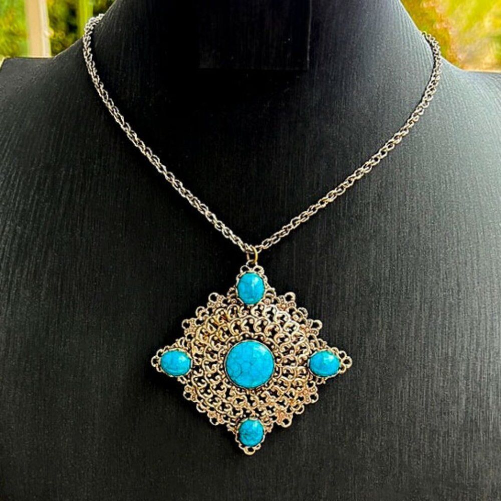 Vintage Victorian Revival Faux Turquoise Pendant Necklace